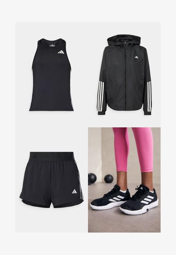 Čierna ľahká bunda s kapucňou, s celoprsným zipsom, elastickými manžetami a bielymi trojprúžkovými akcentmi na rukávoch.; Čierny športový top s priliehavým strihom, vyrobený z hladkého syntetického materiálu, s bielym logom Adidas a bočnými akcentmi.; Čierne športové šortky s elastickým pásom, ktorý má textúrovanú pruh, bočné pruhy a biely logo Adidas na dolnom leme.; Čierne atletické topánky s bielymi pruhmi, textúrovaný sieťovaný zvršok a biela podrážka. Nosené s ružovými legínami, ukazujúce tréningové oblečenie.