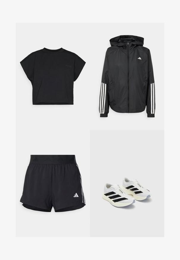 Musta kevyt takki hupparilla, jossa on täysipitkä vetoketju, elastiset hihansuut ja valkoiset kolmonauha-tyyliset yksityiskohdat hihoissa.; Musta lyhythihainen crop-top paita, joka on valmistettu pehmeästä puuvillasta. Paidan kauluksessa on pyöreä leikkaus ja siinä on hillitty logo edessä.; Mustat urheilushortsit, joissa on joustava vyötärö, jossa on teksturoitu nauha, sivuraidat ja valkoinen Adidas-logo alahelman kohdalla.; Valkoiset urheilukengät mustilla raidoilla ja brändäyksellä, joissa on verkkomateriaali, pyöreä kärki ja paksu kermanvärinen pohja pehmusteena.
