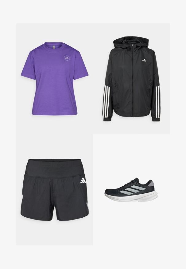 Zwarte lichtgewicht jas met een capuchon, met een volledige ritssluiting aan de voorkant, elastische manchetten en witte accenten met drie strepen op de mouwen.; Paarse katoenen t-shirt met een ronde hals, korte mouwen en een cirkelvormig logo-ontwerp aan de linkerkant van de borst.; Zwarte sportshorts met een brede elastische tailleband, lichtgewicht stof en witte logo-accenten aan de onderkant zijkant.; Zwarte hardloopschoen met een mesh bovenzijde, drie zilveren strepen, witte middenzool en een gestructureerde loopzool. Heeft een gevoerde kraag en een vetersluiting.