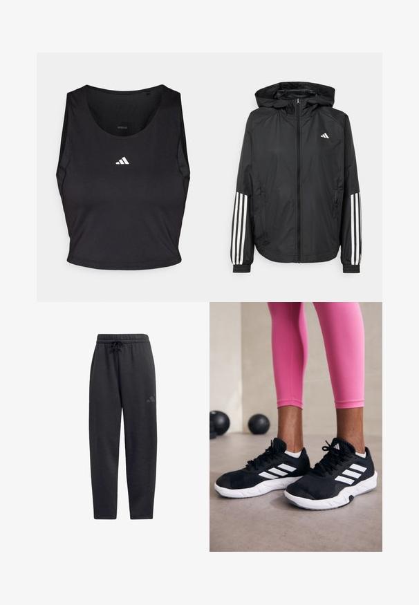 Crna lagana jakna s kapuljačom, s punim zdravo zatvaranjem, elastičnim manžetama i bijelim trostrukim trakama na rukavima.; Crni sportski crop top napravljen od tkanine koja odvodi vlagu, s okruglim izrezom, bez rukava i bijelim logotipom na prsima.; Crne trenirke od mekog materijala, s elastičnim pojasom i vezicom, ravnih nogavica i diskretnim logom na bedrima.; Crne atletske cipele s bijelim prugama, gornji dio od teksturirane mrežaste tkanine i bijelim potplatom. Nošene uz ružičaste tajice, prikazujući trenirku.