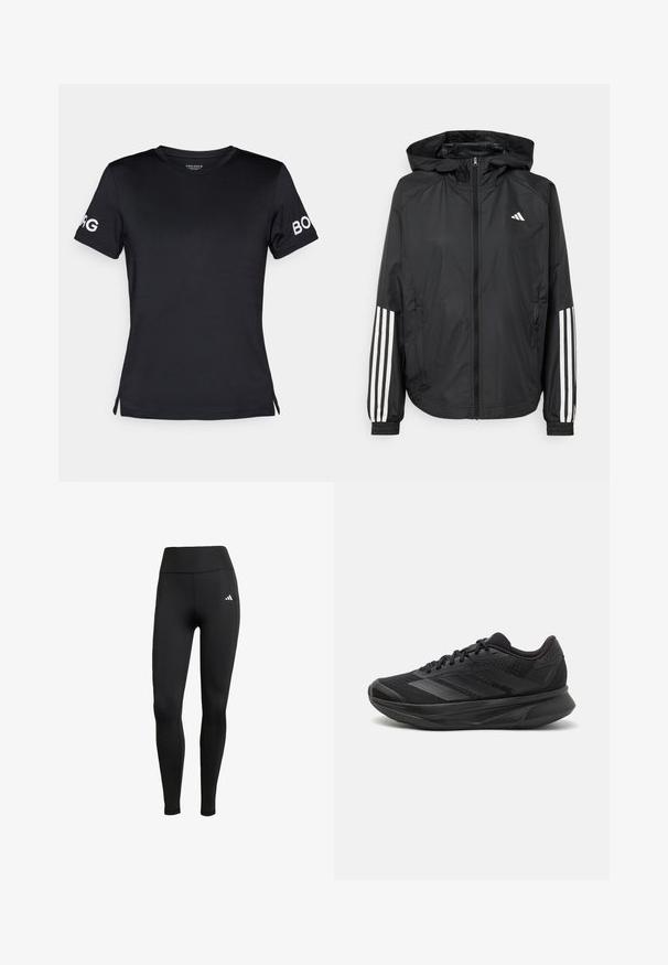 Černá lehká bunda s kapucí, která má plný zip vpředu, elastické manžety a bílé třípruhové akcenty na rukávech.; Černé tričko s krátkým rukávem vyrobené z hladkého materiálu. Má kulatý výstřih a logo "BORG" v bílé barvě na pravém rukávu.; Černé sportovní legíny s vysokým pasem. Vyrobené z elastického materiálu, který má bílé logo na horní levé straně.; Černé běžecké boty s prodyšným síťovaným svrškem, kulatou špičkou, elegantním designem, texturovanými detaily a polstrovanou podrážkou pro pohodlí.