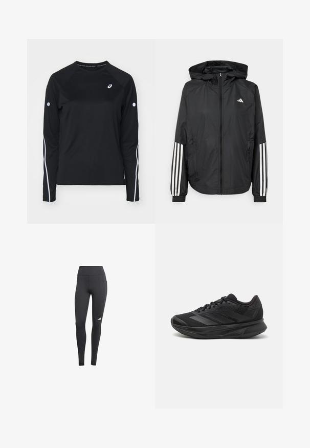 Black lightweight jacket with a hood, featuring a full zip front, elastic cuffs, and white three-stripe accents on sleeves.; Black long-sleeve athletic shirt with raglan sleeves, white reflective stripes along the sides, and a round neck. Features a small logo on the chest.; Black athletic leggings with a high waistband, featuring a side pocket and a white logo on the lower left leg. Material appears breathable.; Black running shoe with a breathable mesh upper, rounded toe, sleek design, textured accents, and a cushioned sole for comfort.