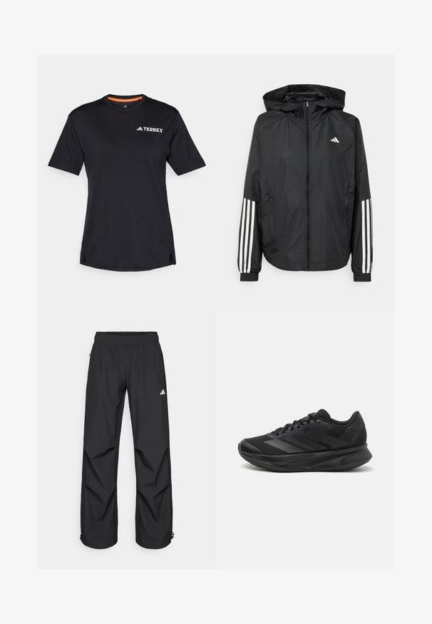 Sort letvægtsjakke med hætte, der har fuld lynlås fortil, elastiske manchetter og hvide tre-stribede detaljer på ærmerne.; Sort kortærmet T-shirt med rund halsudskæring, der har en subtil meleret tekstur og hvid "TERREX"-logo på den øverste venstre side.; Sorte, letvægts, vandtætte bukser med elastisk talje, sidelommer og justerbare manchetter. Har et hvidt logo på venstre lår.; Sort løbesko med en åndbar mesh-overdel, afrundet tå, strømlinet design, teksturerede detaljer og en polstret sål for komfort.
