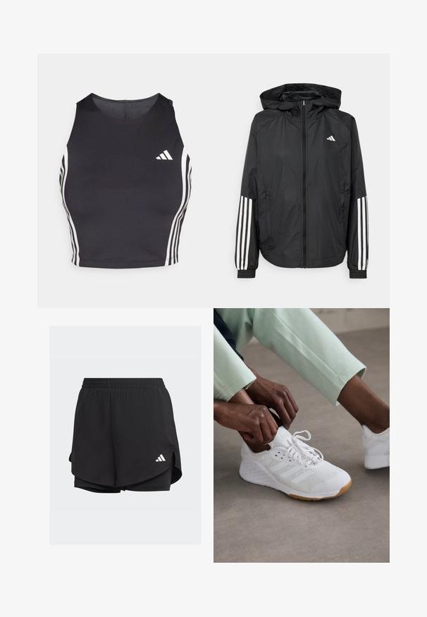 Chaqueta ligera negra con capucha, que cuenta con un cierre frontal de cremallera completa, puños elásticos y acentos blancos de tres rayas en las mangas.; Top corto atlético negro hecho de material elástico, con rayas laterales blancas y un acento del logo de Adidas en el lado izquierdo del pecho.; Pantalones cortos deportivos negros con cintura elástica, diseño en capas, pantalones cortos interiores ajustados y un logo blanco en la parte inferior izquierda.; Zapatilla deportiva blanca con parte superior de malla, suela de goma y diseño de tres franjas. Se están ajustando los cordones; ropa de color gris claro y verde menta visible.
