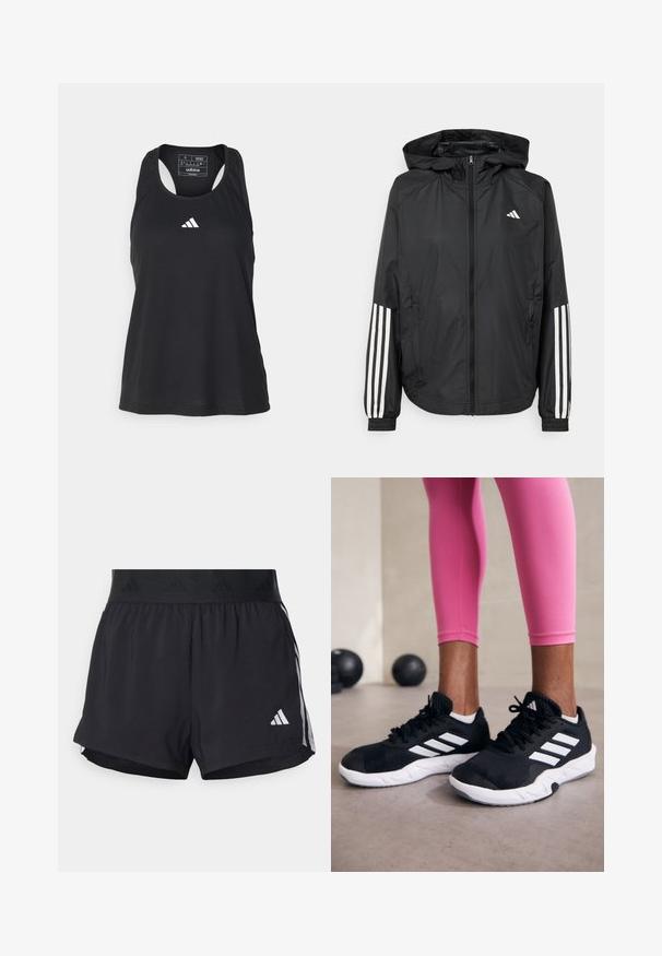 Melnā vieglā jaka ar kapuci, ar pilnu rāvējslēdzēju priekšā, elastīgām aprocēm un baltām trīs svītru akcentiem uz piedurknēm.; Melna bez piedurknēm sporta krekls ar apaļu kakla izgriezumu un baltu logo uz krūšu daļas. Izgatavots no gludas, vieglas auduma.; Melni sporta šorti ar elastīgu jostu, ar teksturētu joslu, sānu svītrām un baltu Adidas logo apakšējā malu.; Melnas sporta kurpes ar baltām svītrām, teksturēta sieta augšdaļa un balta zole. Nēsātas ar rozā legingiem, demonstrējot treniņu apģērbu.