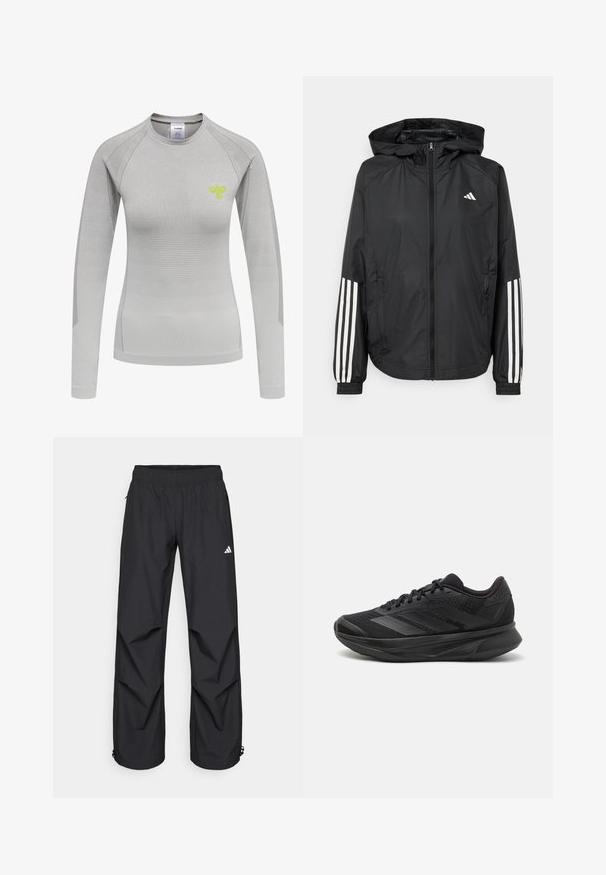 Svart lätt jacka med huva, som har full dragkedja framtill, elastiska ärmslut och vita tre-stripes accenter på ärmarna.; Ljusgrå långärmad skjorta med en figurnära design, texturerad tyg och en liten grön bi-logotyp på bröstet.; Svarta, lätta, vattentäta byxor med elastisk midja, sidofickor och justerbara muddar. Har en vit logotyp på vänster lår.; Svart löparskor med ett andningsbart mesh-övre, rund tå, elegant design, texturerade accenter och en dämpad sula för komfort.