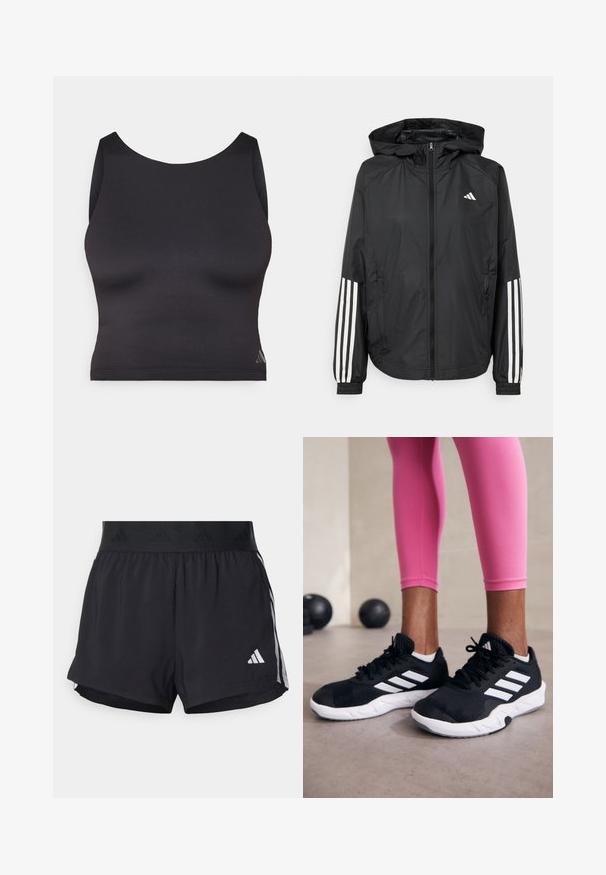 Schwarze, leichte Jacke mit Kapuze, die einen durchgehenden Reißverschluss, elastische Bündchen und weiße dreistreifige Akzente an den Ärmeln aufweist.; Schwarzes sportliches Crop-Top aus glattem, elastischem Material mit runder Ausschnittform und ärmellosem Design. Mit dezentem Logo-Detail.; Schwarze Sportshorts mit einem elastischen Bund, ausgestattet mit einem strukturierten Band, seitlichen Streifen und einem weißen Adidas-Logo am unteren Saum.; Schwarze Sportschuhe mit weißen Streifen, strukturiertem Mesh-Obermaterial und einer weißen Sohle. Kombiniert mit pinken Leggings, die Trainingsbekleidung zur Schau stellen.