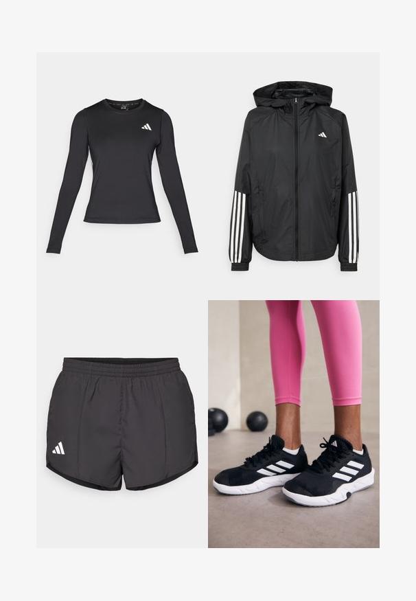 Čierna ľahká bunda s kapucňou, s celoprsným zipsom, elastickými manžetami a bielymi trojprúžkovými akcentmi na rukávoch.; Čierne športové tričko s dlhým rukávom vyrobené z hladkého, elastického materiálu. Na hrudi sa nachádza biele logo. Filtrovaný dizajn s okrúhlym výstrihom.; Čierne športové šortky vyrobené z ľahkej látky, s elastickým pásom a bielym logom Adidas na dolnej ľavej strane.; Čierne atletické topánky s bielymi pruhmi, textúrovaný sieťovaný zvršok a biela podrážka. Nosené s ružovými legínami, ukazujúce tréningové oblečenie.