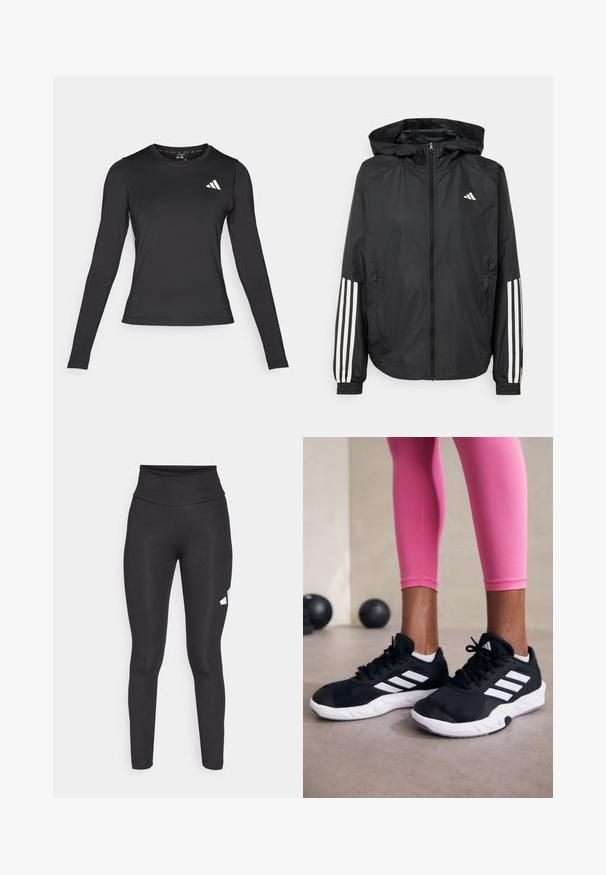 Giacca leggera nera con cappuccio, caratterizzata da una zip frontale completa, polsini elastici e accenti bianchi a tre strisce sulle maniche.; Maglietta sportiva nera a maniche lunghe realizzata in materiale liscio e elasticizzato. Presenta un logo bianco sul petto. Design aderente con scollatura rotonda.; Leggings neri a vita alta realizzati in un tessuto liscio ed elasticizzato, con un logo bianco sul lato sinistro. Design aderente senza motivi.; Scarpe da ginnastica nere con strisce bianche, parte superiore in mesh testurizzato e suola bianca. Indossate con leggings rosa, a mostrare abbigliamento per l'allenamento.