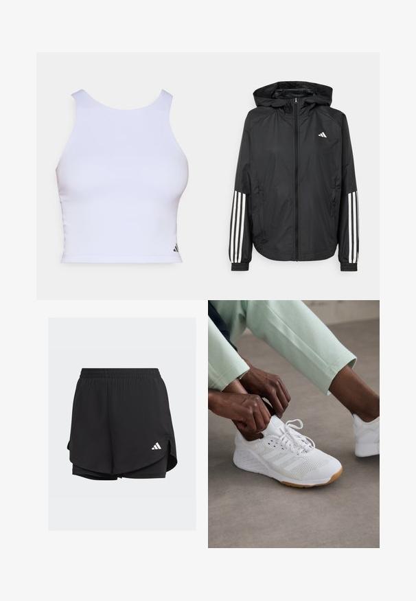 Črna lahka jakna s kapuco, z polnim zadrgo spredaj, elastikami na zapestjih in belimi tridelnimi poudarki na rokavih.; Bela športna kratka majica iz gladkega materiala, z okroglo ovratnikom, brez rokavov in majhnim črnim logotipom v spodnjem kotu.; Črne atletske kratke hlače z elastičnim pasom, plastičnim dizajnom, notranjimi prilagojenimi hlačami in belim logotipom na spodnji levi strani.; Bela atletska čevlja z mrežnim zgornjim delom, gumijastim podplatom in dizajnom s tremi črtami. Vezalke se prilagajajo; vidne so svetlo siva in meta zelena oblačila.