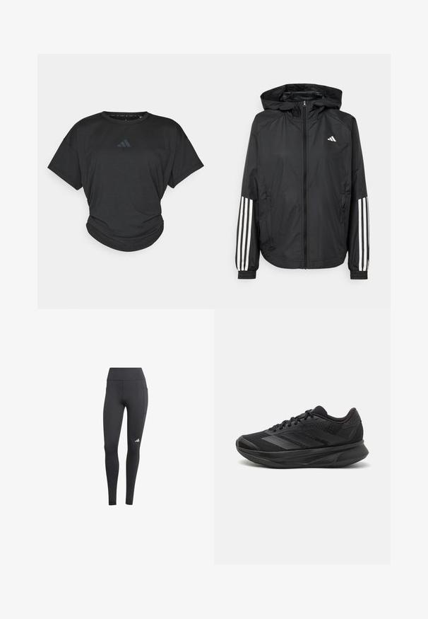 Casaco leve preto com capuz, apresentando um fecho de correr na frente, punhos elásticos e detalhes em branco com três riscas nas mangas.; T-shirt atlético preto com mangas curtas, decote redondo e um hem ligeiramente franzido. Apresenta um logótipo escuro subtil no peito.; Leggings atléticos pretos com uma cintura alta, apresentando um bolso lateral e um logótipo branco na parte inferior da perna esquerda. O material parece ser respirável.; Sapatilha de corrida preta com parte superior em malha respirável, bico arredondado, design elegante, detalhes texturizados e sola acolchoada para conforto.