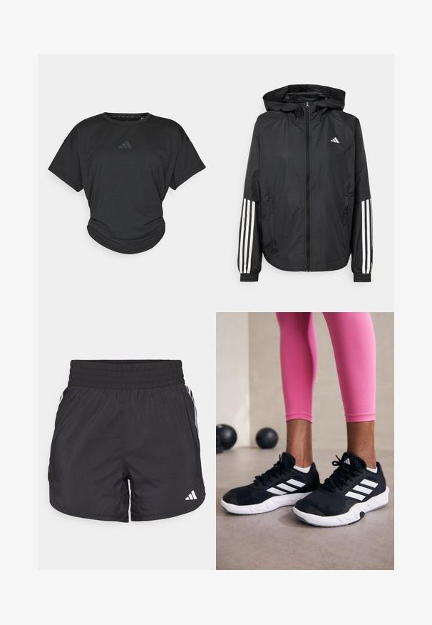 Svart lätt jacka med huva, som har full dragkedja framtill, elastiska ärmslut och vita tre-stripes accenter på ärmarna.; Svart idrottströja med korta ärmar, rund halsringning och en något samlad fåll. Har en subtil mörk logotyp på bröstet.; Svarta träningsshorts med elastisk midja, sidfickor och vita randkonturer på sidorna. Tillverkade av lätt material.; Svarta sportskor med vita ränder, texturerat meshupp, och en vit sula. Bärs med rosa leggings, vilket visar träningskläder.