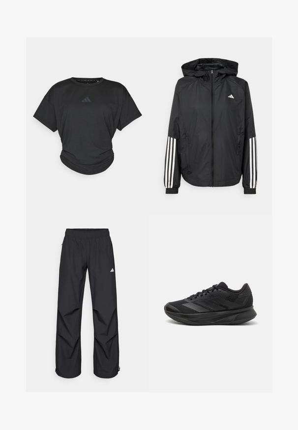 Mustikas kerge jope kapuutsiga, eesmise täispika zipiga, elastsete varrukate ja valgete kolme triibu aktsentidega varrukatel.; Must musta t-särk lühikeste varrukatega, ümar kaelus ja veidi kogutud äär. Rinnal on tagasihoidlik tume logo.; Mustad mustad, kerged, veekindlad püksid elastse vöökoha, küljetaskute ja reguleeritavate sääreotsadega. Vasakul reiel on valge logo.; Mustad mustas jooksujalats, millel on hingav võrgust ülemine osa, ümardatud varvas, sujuv disain, tekstuuriga aktsendid ja mugavust tagav pehmendatud tald.