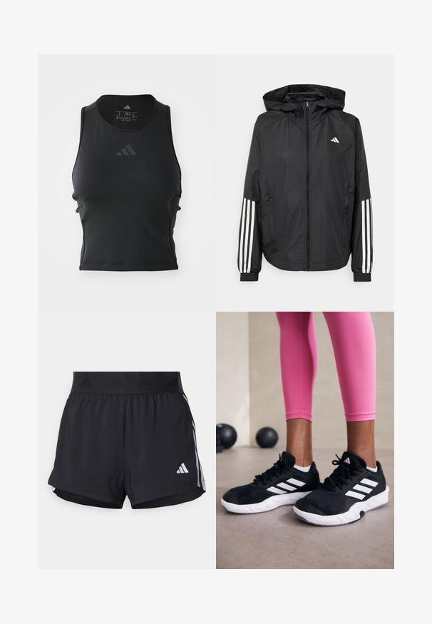 Čierna ľahká bunda s kapucňou, s celoprsným zipsom, elastickými manžetami a bielymi trojprúžkovými akcentmi na rukávoch.; Čierny krátky fitness top vyrobený z hladkej, elastickej tkaniny; má okrúhly výstrih a malú, reflexnú značku na prednej strane.; Čierne športové šortky s elastickým pásom, ktorý má textúrovanú pruh, bočné pruhy a biely logo Adidas na dolnom leme.; Čierne atletické topánky s bielymi pruhmi, textúrovaný sieťovaný zvršok a biela podrážka. Nosené s ružovými legínami, ukazujúce tréningové oblečenie.