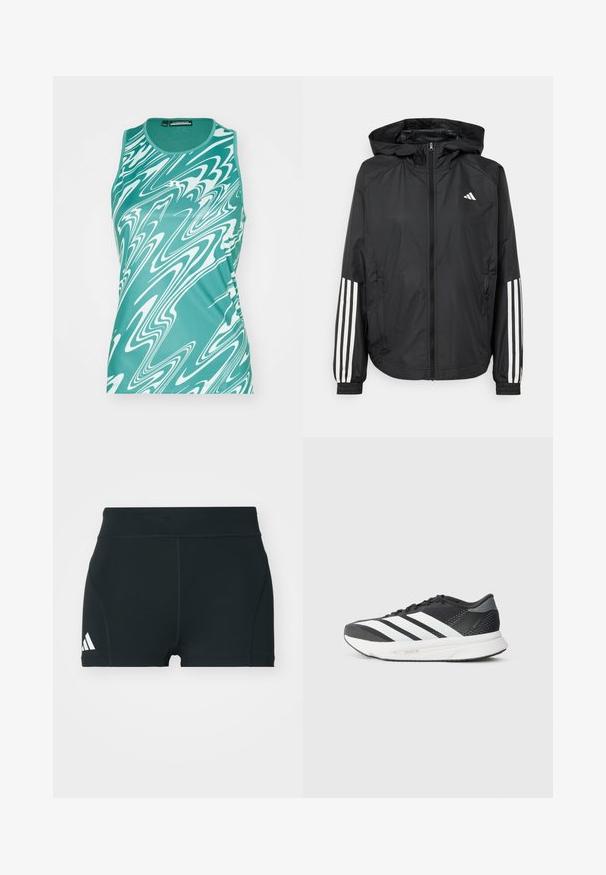 Svart lätt jacka med huva, som har full dragkedja framtill, elastiska ärmslut och vita tre-stripes accenter på ärmarna.; Teal linne med vit virvlande mönster. Tillverkad av slät tyg, har rund hals och är ärmlös design. Plattad fåll vid nederkant.; Svarta träningsshorts i stretchigt material, med hög midja, åtsittande passform och vitt Adidas-logga på vänster sida.; Svart atletisk sko med vita ränder, överdel i mesh, dämpad sula och en elegant design. Grå detaljer på hälen och tungan.