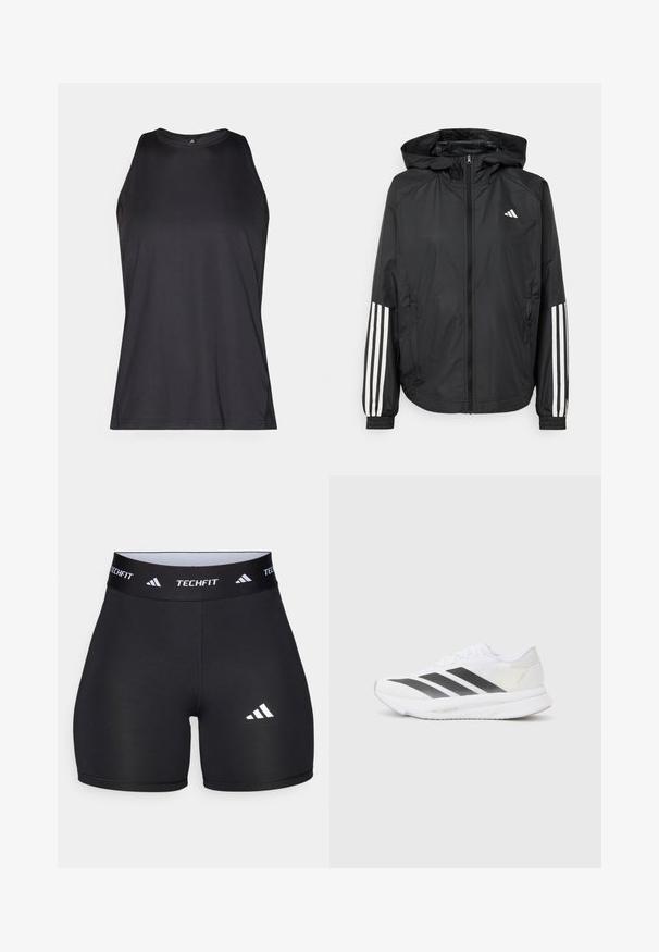 Black lightweight jacket with a hood, featuring a full zip front, elastic cuffs, and white three-stripe accents on sleeves.; Black sleeveless athletic shirt made from a smooth, lightweight fabric. Features a round neckline and flat seams for comfort.; Black shorts made from stretchy fabric with a fitted design. Features a wide black waistband labeled "TECHFIT" and a white logo on the leg.; White athletic shoe with black diagonal stripes, mesh upper, rounded toe, and textured sole. Accents include a silver heel and minimalistic design.