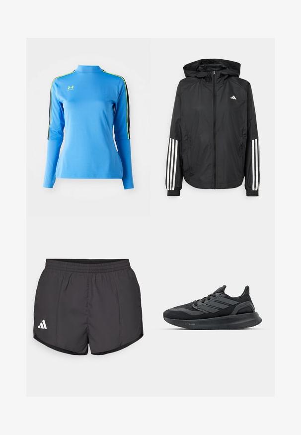 Črna lahka jakna s kapuco, z polnim zadrgo spredaj, elastikami na zapestjih in belimi tridelnimi poudarki na rokavih.; Svetlo modra dolgorsleeve športna majica z visokim ovratnikom. Ima črne in neonsko zelene stripe na ramenskem delu. Gladek, raztegljiv material.; Črne atletske kratke hlače iz lahkega materiala, z elastičnim pasom in belim logotipom Adidas na spodnji levi strani.; Črne športne čevlje z mrežasto zgornjico, teksturiranimi paneli, detajlom treh črt in ukrivljenim podplatom, označene z "LIGHT BOOST."