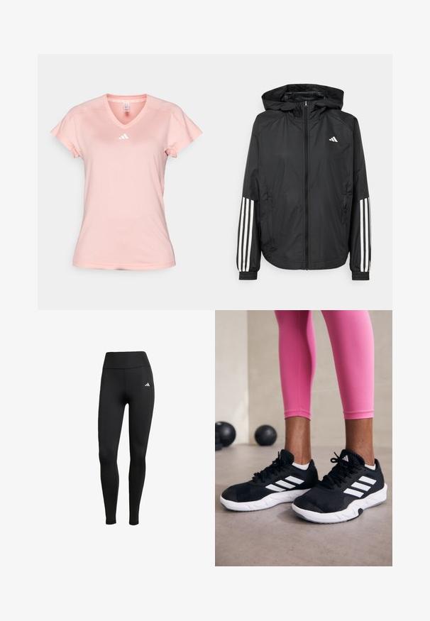 Svart lätt jacka med huva, som har full dragkedja framtill, elastiska ärmslut och vita tre-stripes accenter på ärmarna.; adidas Performance T-shirt till träning - semi pink spark; Svarta träningsleggings med hög midja. Tillverkade av stretchigt material och har en vit logotypdetalj på övre vänstra sidan.; Svarta sportskor med vita ränder, texturerat meshupp, och en vit sula. Bärs med rosa leggings, vilket visar träningskläder.