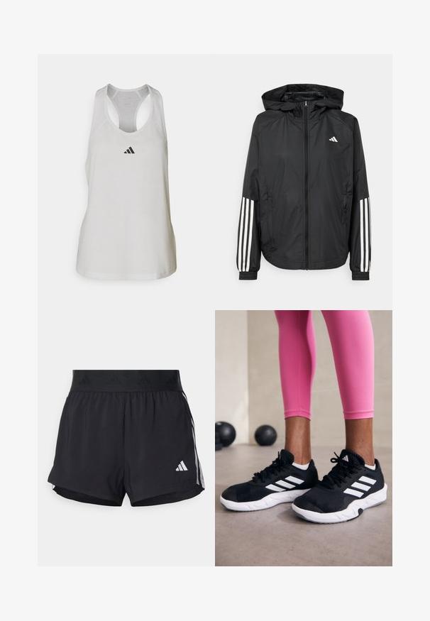Mustikas kerge jope kapuutsiga, eesmise täispika zipiga, elastsete varrukate ja valgete kolme triibu aktsentidega varrukatel.; Valge sportlik tank-top, mis on valmistatud kergest kangast, millel on jooksjakraega disain ja väike must logo rinna kohal.; Musta sportlikud lühikesed püksid elastse vöökohtaga, millel on tekstuuriga riba, külgmised triibud ja alumises servas valge Adidas'i logo.; Mustad must sportlikud jalanõud valgete triipudega, tekstureeritud võrkkattega ülemine osa ja valge tallaga. Kombineeritud roosade retuusidega, tutvustades treeningriideid.