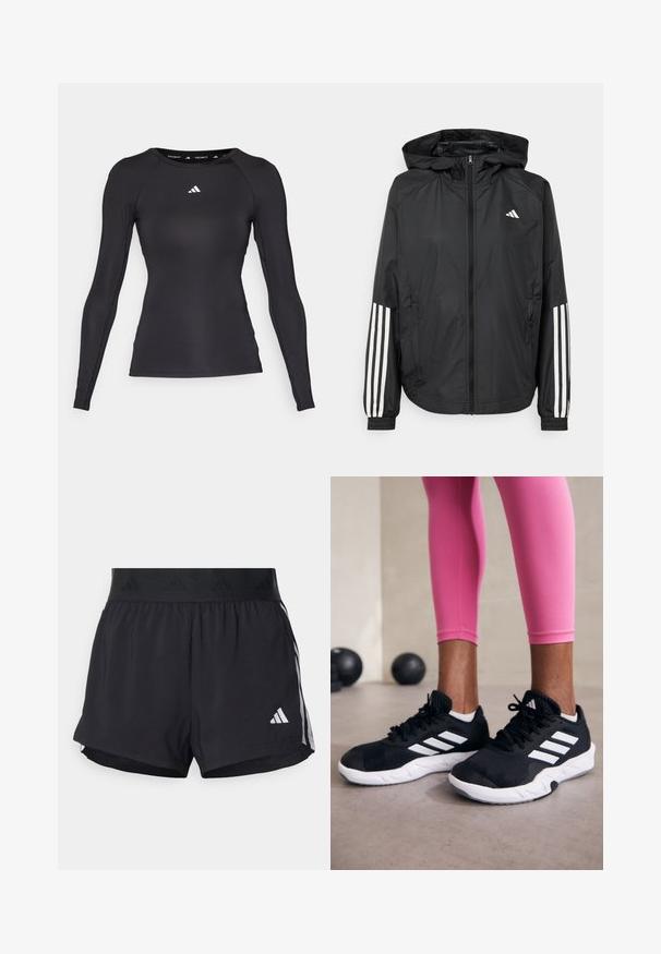 Svart lett jakke med hette, med full glidelås foran, elastiske mansjetter og hvite tre-stripes detaljer på ermene.; Svart langermet treningsskjorte laget av glatt stoff, med en tettsittende design og hvit logo på brystet og inni kragen.; Sorte treningsshorts med elastisk midjebånd, med en teksturert stripe, sidestriper og hvit Adidas-logo på den nedre kanten.; Svarte treningssko med hvite striper, teksturert mesh-overdel og hvit såle. Brukt med rosa leggings, som viser frem treningsklær.