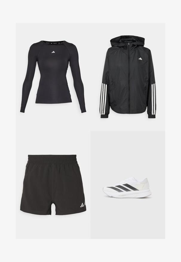 Casaco leve preto com capuz, apresentando um fecho de correr na frente, punhos elásticos e detalhes em branco com três riscas nas mangas.; Camisa atlética preta de mangas longas, feita de um tecido suave, com um design ajustado e um logotipo branco no peito e no interior do colarinho.; Calções atléticos pretos feitos de um tecido leve. Apresentam uma cintura elástica, bolso lateral com fecho éclair e um logo refletor na barra.; Shoe atlético branco com riscas diagonais pretas, parte superior em malha, bico arredondado e sola texturizada. Os destaques incluem um calcanhar prateado e um design minimalista.