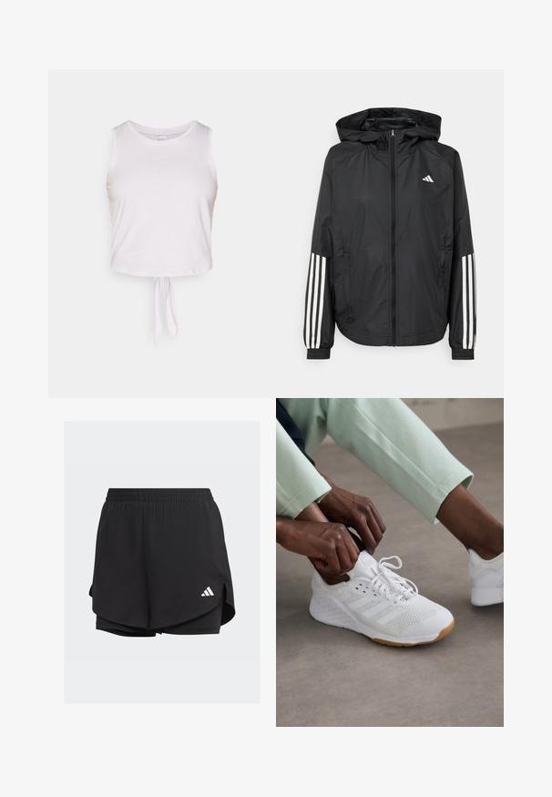 Čierna ľahká bunda s kapucňou, s celoprsným zipsom, elastickými manžetami a bielymi trojprúžkovými akcentmi na rukávoch.; Biely skrátený top s ramienkami z mäkkého materiálu, s výstrihom do tvaru lode a predným viazaním na leme pre priliehavý vzhľad.; Čierne atletické šortky s elastickým pásom, vrstveným dizajnom, vnútornými priliehavými šortkami a bielym logom v dolnom ľavom rohu.; Biele športové topánky s hornou časťou z sieťoviny, gumovou podrážkou a dizajnom so tromi prúžkami. Šnúrky sa upravujú; viditeľné svetlošedé a mätovo zelené oblečenie.