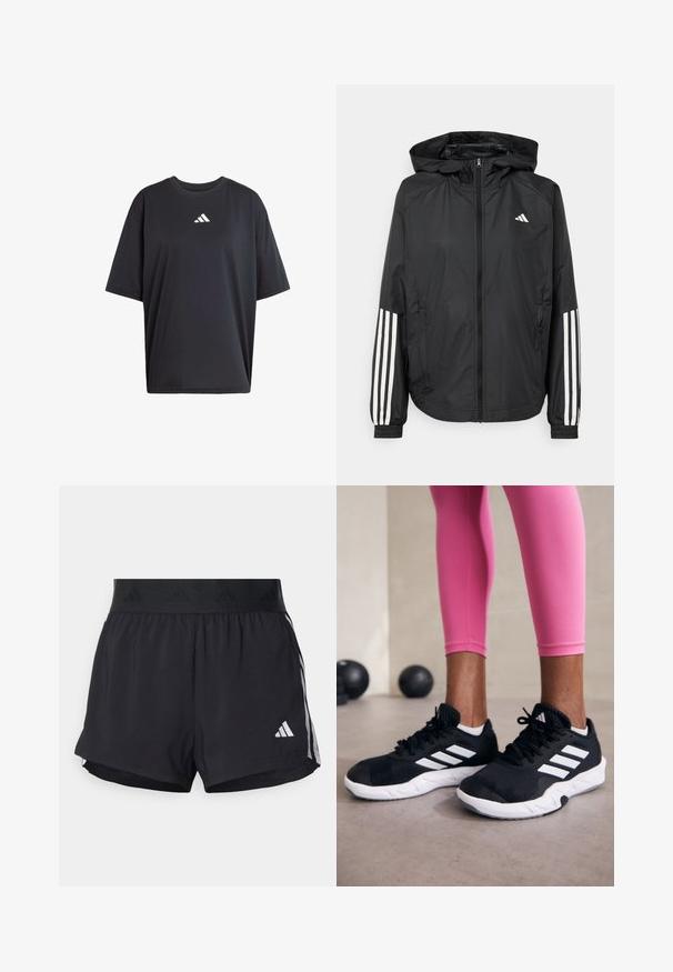 Veste légère noire avec capuche, dotée d'une fermeture à glissière intégrale, de poignets élastiques et d'accents blancs à trois rayures sur les manches.; adidas Performance ONE REP AT A TIME  GRAPHIC - T-shirt de sport - black; Shorts de sport noirs avec une taille élastique, dotés d'une bande texturée, de rayures sur les côtés, et d'un logo Adidas blanc sur l'ourlet inférieur.; Baskets de sport noires avec des rayures blanches, tige en mesh texturé et semelle blanche. Portées avec des leggings roses, mettant en valeur des vêtements d'entraînement.