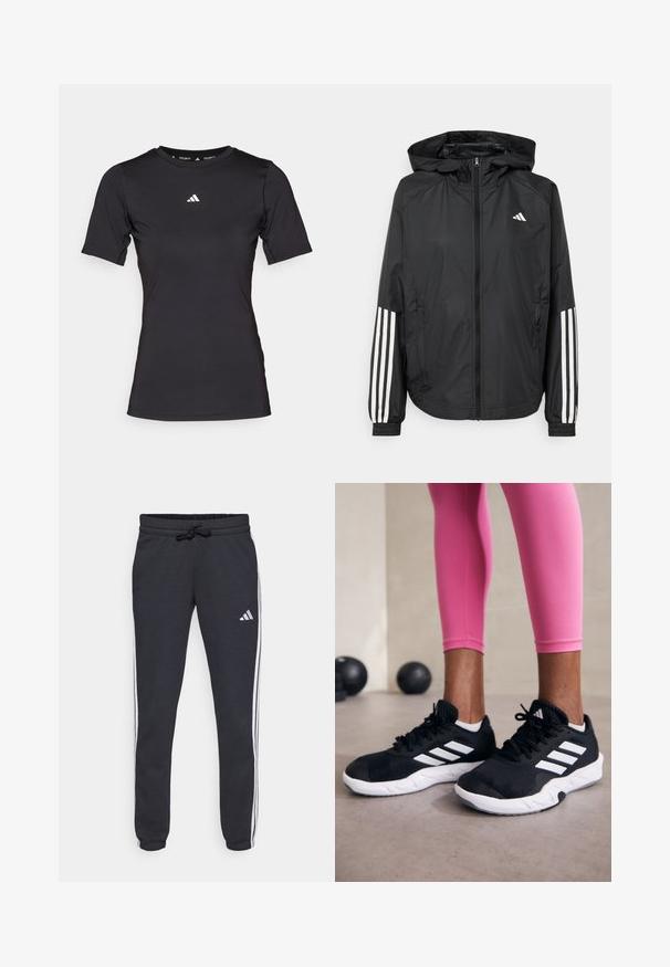 Crna lagana jakna s kapuljačom, s punim zdravo zatvaranjem, elastičnim manžetama i bijelim trostrukim trakama na rukavima.; Crna kratka majica kratkih rukava za sport izrađena od rastezljivog materijala. Ima okrugli izrez i mali bijeli logo na prsima.; Marine hlače od mekanog materijala, s bijelim bočnim trakama, podesivim pojasom s vezicom i malim logotipom na lijevom bedru.; Crne atletske cipele s bijelim prugama, gornji dio od teksturirane mrežaste tkanine i bijelim potplatom. Nošene uz ružičaste tajice, prikazujući trenirku.