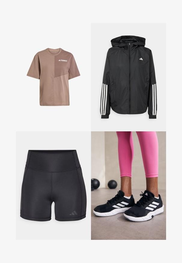 Crna lagana jakna s kapuljačom, s punim zdravo zatvaranjem, elastičnim manžetama i bijelim trostrukim trakama na rukavima.; Smeđa majica kratkih rukava s okruglim izrezom, s dijagonalnim kontrastom teksture i bijelim "TERREX" logotipom na prsima.; Crne atletske kratke hlače s visokim pojasom, glatkom teksturom, ravnim šavovima i suptilnim detaljem logotipa na donjoj strani.; Crne atletske cipele s bijelim prugama, gornji dio od teksturirane mrežaste tkanine i bijelim potplatom. Nošene uz ružičaste tajice, prikazujući trenirku.