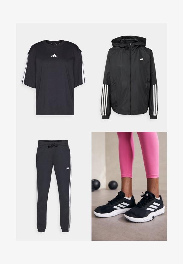 Juodas lengvas džemperis su gobtuvu, turi pilną užtrauktuką priekyje, elastingas rankovių gumytes ir baltus tris juostų akcentus ant rankovių.; Juodas trumpomis rankovėmis marškinėliai, pagaminti iš medvilnės. Yra baltas logotipas ant krūtinės ir baltos juostos palei pečius. Standartinė apvalia apykakle.; Jūriniai sportiniai kelnes, pagamintos iš minkštos medžiagos, su baltais šonų juostelėmis, reguliuojamu juosmeniu su raišteliu ir mažu logotipu kairiajame šlaunyje.; Juodi sportiniai bateliai su baltais dryžiais, tekstūruota tinklinė viršutinė dalis ir balti padai. Dėvimi su rožiniais leggingais, demonstruojant treniruočių aprangą.