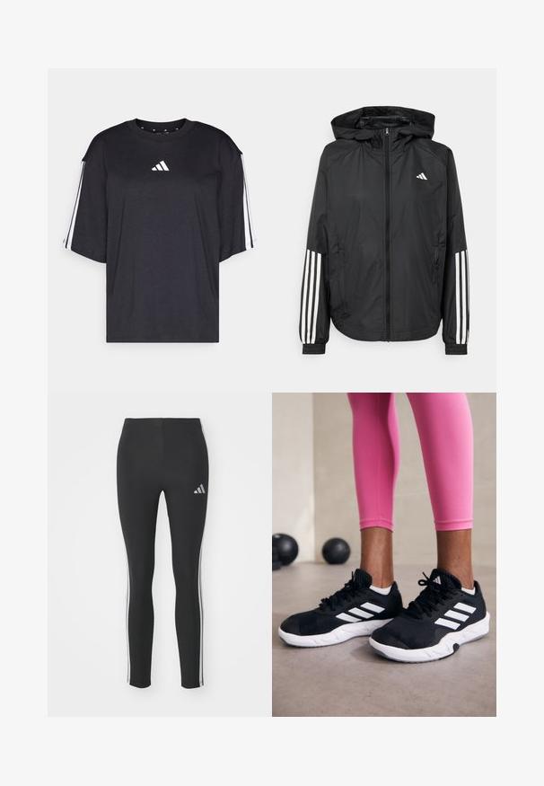 Černá lehká bunda s kapucí, která má plný zip vpředu, elastické manžety a bílé třípruhové akcenty na rukávech.; Černé tričko s krátkým rukávem vyrobené z bavlny. Obsahuje bílé logo na hrudi a bílé pruhy po ramenou. Standardní kulatý výstřih.; Černé legíny vyrobené z elastického materiálu s bílými bočními pruhy a malým reflexním logem na horní levé straně.; Černé sportovní boty s bílými pruhy, texturovaný síťovinový svršek a bílá podrážka. Nosené s růžovými legínami, které předvádějí tréninkové oblečení.