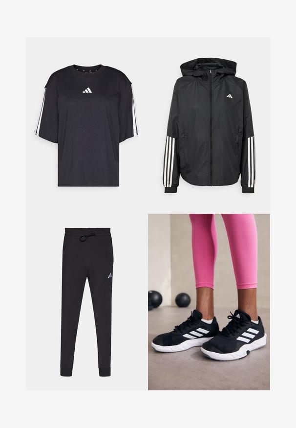 Crna lagana jakna s kapuljačom, s punim zdravo zatvaranjem, elastičnim manžetama i bijelim trostrukim trakama na rukavima.; Crna majica s kratkim rukavima od pamuka. Ima bijeli logo na prsima i bijele pruge duž ramena. Standardni okrugli izrez.; Crne sportske hlače izrađene od mekog materijala, s pojasom na vezanje, sužavajućim nogavicama i malim bijelim Adidas logotipom na lijevoj bedrenoj strani.; Crne atletske cipele s bijelim prugama, gornji dio od teksturirane mrežaste tkanine i bijelim potplatom. Nošene uz ružičaste tajice, prikazujući trenirku.
