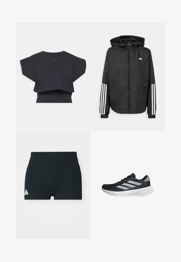 Crna lagana jakna s kapuljačom, s punim zdravo zatvaranjem, elastičnim manžetama i bijelim trostrukim trakama na rukavima.; adidas Performance POWER BOXY 3-STRIPES TANK - Sportska majica - black; Crne atletske kratke hlače od rastezljivog materijala, s visokim strukom, prilagođenim oblikom i bijelim Adidas logotipom sa lijeve strane.; Crne trkačke tenisice s mrežastim gornjim dijelom, tri srebrne pruge, bijeli srednji sloj i teksturirani potplat. Sadrži podstavljeni ovratnik i zatvaranje s vezicama.