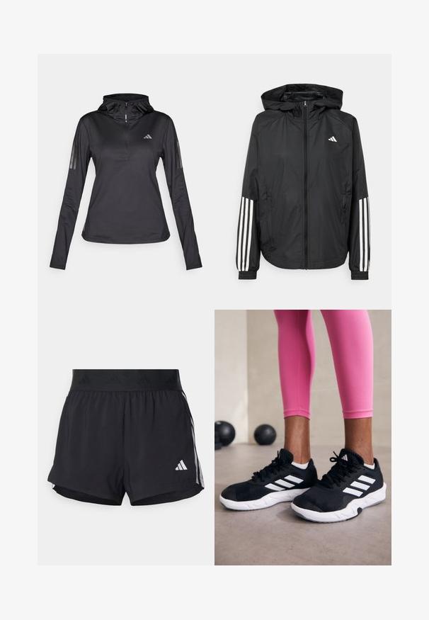 Mustikas kerge jope kapuutsiga, eesmise täispika zipiga, elastsete varrukate ja valgete kolme triibu aktsentidega varrukatel.; Must musta teksilist kangast sportlik pusa pikkade varrukatega ja veerandi lukuga, reguleeritava kapuutsiga ja peegeldavate triipudega varrukatel. Rinnal logoga.; Musta sportlikud lühikesed püksid elastse vöökohtaga, millel on tekstuuriga riba, külgmised triibud ja alumises servas valge Adidas'i logo.; Mustad must sportlikud jalanõud valgete triipudega, tekstureeritud võrkkattega ülemine osa ja valge tallaga. Kombineeritud roosade retuusidega, tutvustades treeningriideid.