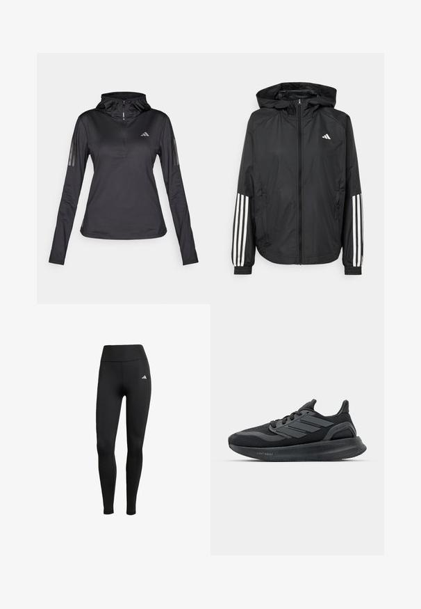 Černá lehká bunda s kapucí, která má plný zip vpředu, elastické manžety a bílé třípruhové akcenty na rukávech.; Černá dlouhá rukávová sportovní mikina s čtvrtovým zipem, texturovaná látka, nastavitelná kapuce a reflexní pruhy na rukávech. Obsahuje logo na hrudi.; Černé sportovní legíny s vysokým pasem. Vyrobené z elastického materiálu, který má bílé logo na horní levé straně.; Černé sportovní boty s vrchní částí z prodyšné síťoviny, texturovanými panely, detaily s třemi pruhy a zakřivenou podešví označenou "LIGHT BOOST".