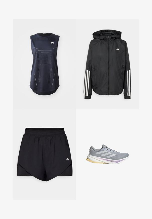 Crna lagana jakna s kapuljačom, s punim zdravo zatvaranjem, elastičnim manžetama i bijelim trostrukim trakama na rukavima.; Majica bez rukava za sport u tamnoplavoj tkanini. Sadrži mrežaste perforacije i bijele akcentne linije. Ima zakrivljeni rub i logo na prsima. Veličina: Mala.; Crne atletske kratke hlače s slojevitim dizajnom, izrađene od lagane tkanine. Imaju elastičnu struk i mali bijeli logo sa strane.; Svijetlosivi atletski model s mrežastim materijalom, bijela srednja potpora, ljubičasti i žuti akcenti, te elegantan, aerodinamičan dizajn.