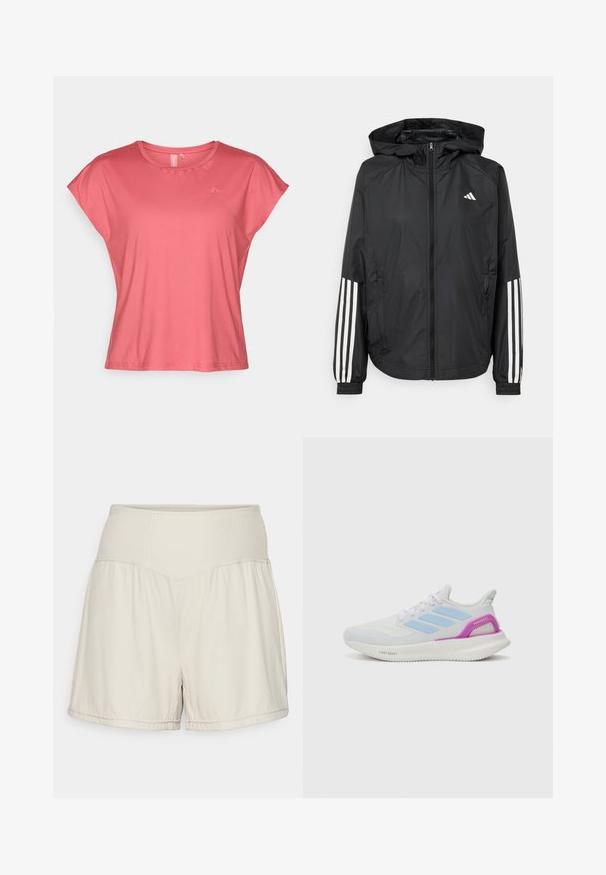 Jachetă ușoară neagră cu glugă, cu fermoar pe întreaga lungime, manșete elastice și accente albe cu trei dungi pe mâneci.; Tricou coral cu mânecă scurtă, realizat dintr-un material neted, cu gât rotund și croială lejeră. Prezintă un branding minimal în colțul din stânga sus.; Pantaloni scurți bej deschis cu o talie texturată în formă de caneluri, design fluid și croială lejeră. Au margini cusute și fante laterale pentru flexibilitate.; adidas Performance PUREBOOST 5 - Pantofi de alergare pe asfalt - white/glow blue/purple burst