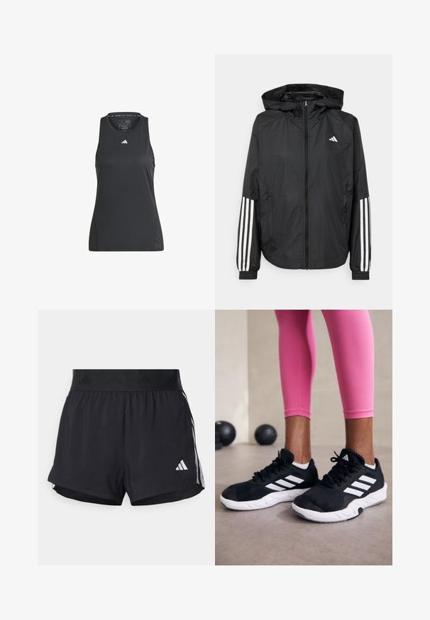 Czarna, lekka kurtka z kapturem, z pełnym zapięciem na zamek, elastycznymi mankietami i białymi, trzema paskami na rękawach.; Czarny sportowy top na ramiączkach wykonany z materiału syntetycznego. Posiada okrągły dekolt oraz małe białe logo Adidas na piersi. Gładka tekstura.; Czarne sportowe szorty z elastycznym paskiem w talii, z teksturowanym pasem, bocznymi paskami oraz białym logo Adidas na dolnym brzegu.; Czarne sportowe buty z białymi paskami, teksturowana siateczkowa cholewka i biała podeszwa. Nosi je osoba w różowych legginsach, prezentując odzież treningową.