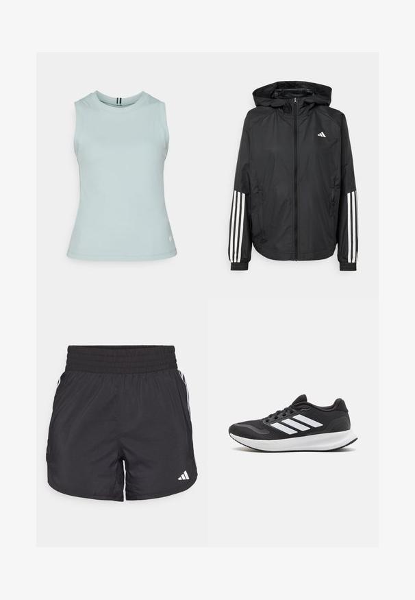 Mustikas kerge jope kapuutsiga, eesmise täispika zipiga, elastsete varrukate ja valgete kolme triibu aktsentidega varrukatel.; Björn Borg TANK POCKET - Topp - gray mist; Mustad mustriga mustad sportlikud lühikesed püksid elastse värviga, küljetaskud ja valged triibud külgedel. Valmistatud kerge materjali sisu.; Mustad must sportlik king, millel on võrkkangas ülaosa, ümmargune varvas ja kolm valget triipu külgedel. Kerge tallaga, millel on tekstuuriga kummist välistald haakumise tagamiseks.