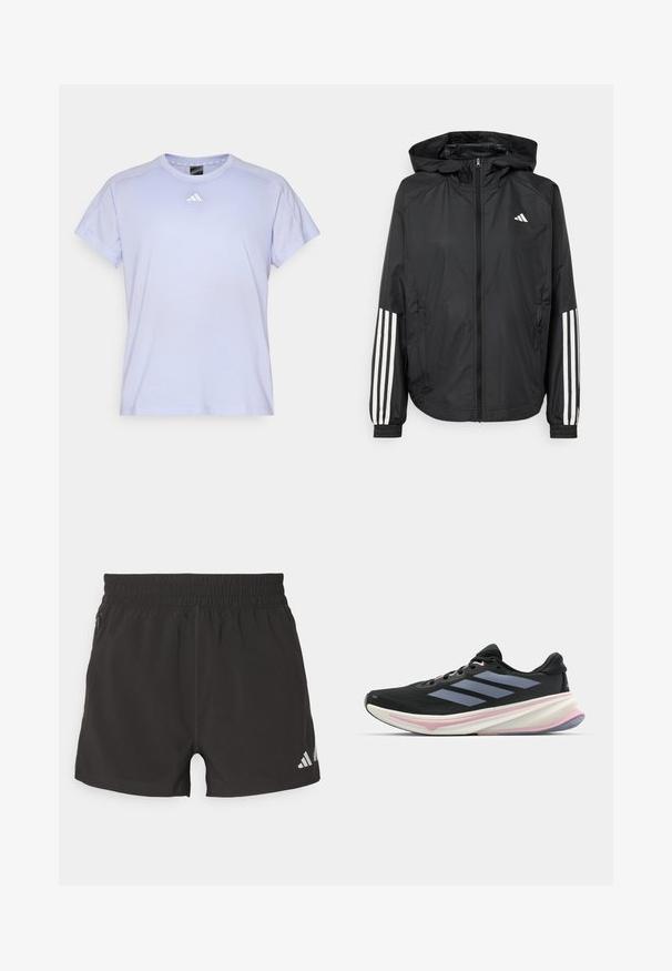 Mustikas kerge jope kapuutsiga, eesmise täispika zipiga, elastsete varrukate ja valgete kolme triibu aktsentidega varrukatel.; Hele heleda lilla puuvillane T-särk lühikeste varrukatega, ümar kaelus ja väike valge logo rinnal. Sile tekstuur ja lõdvalt istuv disain.; Mustad mustriga mustad lühikesed püksid, mis on valmistatud kergest kangast. Omavad elastset vöökohta, külgmist tõmblukuga taskut ja peegeldavat logo põlves.; Musts jooksujalanõud, millel on võrgusilmast ülemine osa, heledad lillad aktsendid ja kolm horisontaalset halli triipu. Omab mugavat polsterdatud tallat.