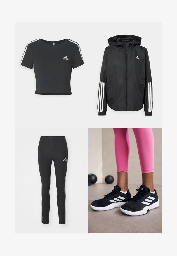Svart lett jakke med hette, med full glidelås foran, elastiske mansjetter og hvite tre-stripes detaljer på ermene.; adidas Sportswear ESSENTIALS 3 STRIPES BABY - T-shirts med print - black/white; Sorte leggings laget av elastisk materiale med hvite sidestriper og en liten reflekterende logo øverst til venstre.; Svarte treningssko med hvite striper, teksturert mesh-overdel og hvit såle. Brukt med rosa leggings, som viser frem treningsklær.