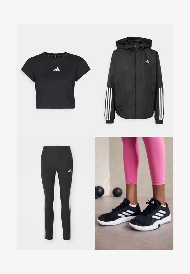 Casaco leve preto com capuz, apresentando um fecho de correr na frente, punhos elásticos e detalhes em branco com três riscas nas mangas.; T-shirt cropped preta feita de algodão, com mangas curtas e um logótipo branco da Adidas no peito. Textura suave, gola redonda.; Leggings pretos feitos de material elástico com riscas brancas laterais e um pequeno logo refletor no canto superior esquerdo.; Sapatos de treino pretos com riscas brancas, parte superior em malha texturizada e sola branca. Usados com leggings cor-de-rosa, destacando roupa de treino.