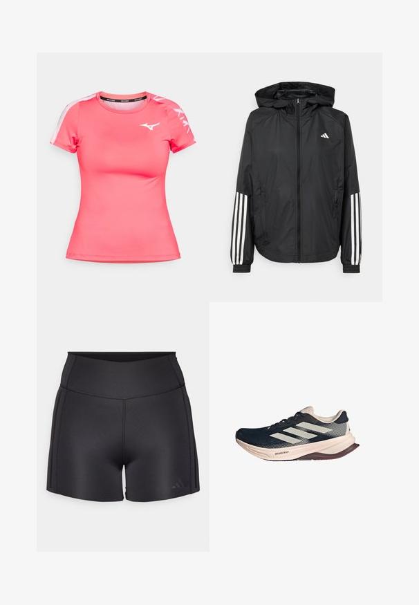 Schwarze, leichte Jacke mit Kapuze, die einen durchgehenden Reißverschluss, elastische Bündchen und weiße dreistreifige Akzente an den Ärmeln aufweist.; Rosa Sportshirt aus glattem, atmungsaktivem Material. Mit kurzen Ärmeln, Rundhalsausschnitt und einem weißen Logo auf der Brust und den Ärmeln.; Schwarze Sportshorts aus elastischem Material, ausgestattet mit einem hohen Bund, flachen Nähten und einem dezenten Adidas-Logo in der unteren Ecke.; Laufschuh mit einem dunkelblauen Mesh-Obermaterial, leichter beige Sohle und weißem Drei-Streifen-Design. Verfügt über eine schlanke, aerodynamische Form und strukturierte Akzente.