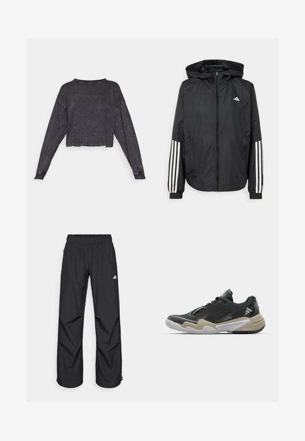 Casaco leve preto com capuz, apresentando um fecho de correr na frente, punhos elásticos e detalhes em branco com três riscas nas mangas.; Sweatshirt preto cropped de mangas longas com um acabamento texturizado e gola redonda. Apresenta um pequeno logótipo no lado esquerdo do peito e punhos canelados.; Calças pretas, leves e à prova d'água, com cintura elástica, bolsos laterais e punhos ajustáveis. Apresenta um logótipo branco na coxa esquerda.; Sapatilha desportiva preta e bege com parte superior texturizada, design de sola proeminente, acabamentos refletivos e sistema de atacadores. Construção leve.