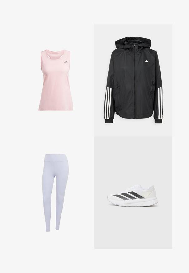 Black lightweight jacket with a hood, featuring a full zip front, elastic cuffs, and white three-stripe accents on sleeves.; adidas Performance ADIZERO TANK - Top - semi pink spark; Light purple leggings made of stretchy fabric. High-waisted design with a smooth texture and no visible seams or patterns.; White athletic shoe with black diagonal stripes, mesh upper, rounded toe, and textured sole. Accents include a silver heel and minimalistic design.