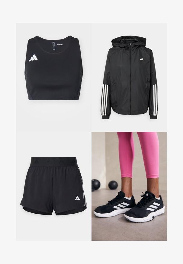 Černá lehká bunda s kapucí, která má plný zip vpředu, elastické manžety a bílé třípruhové akcenty na rukávech.; Černý sportovní crop top vyrobený z elastického materiálu. Má kulatý výstřih a bílé logo adidas na levé straně. Hladká textura.; Černé sportovní šortky s elastickým pasem, s texturovaným páskem, bočními pruhy a bílým logem Adidas na dolním lemu.; Černé sportovní boty s bílými pruhy, texturovaný síťovinový svršek a bílá podrážka. Nosené s růžovými legínami, které předvádějí tréninkové oblečení.