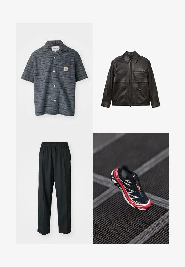 Schwarze Lederjacke mit Vorderreißverschluss, klassischem Kragen und drei Reißverschlusstaschen, flach auf weißem Hintergrund gezeigt.; Grauer Strickpullover mit rundem Ausschnitt, gerippten Bündchen und Saum sowie kleinem Logo auf der Brust. Weiche Textur und lässige Passform.; Kurzarmhemd in Dunkelgrau mit gestreiftem Muster, ausgestattet mit einer Brusttasche und einem Carhartt-Logo-Patch.; Drei weiße, gerippte Tanktops aus Baumwolle. Merkmale einen Rundhalsausschnitt und kleine schwarze Etiketten am Saum. In mehreren Größen erhältlich.; Schwarze Sporthosen mit elastischem Bund, aus glattem Stoff, mit dezenten Seitennähten und einem entspannten Schnitt, mit geradem Bein.; Schwarzer und roter Sportschuh mit einer strukturierten Oberseite, reflektierenden Akzenten und einem GORE-TEX-Label. Verfügt über ein schlankes Design und ein integriertes Schnürsystem.