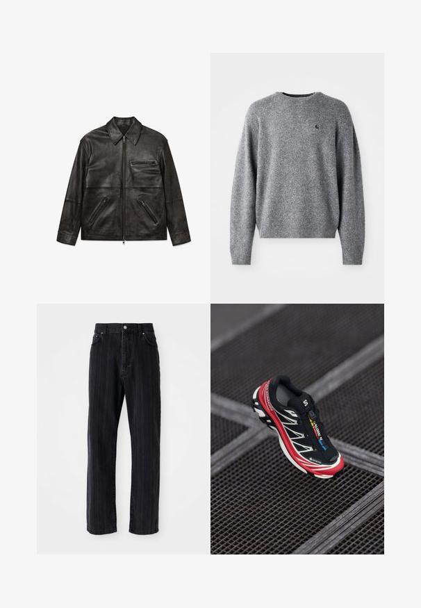 Black leather jacket with front zipper, classic collar, and three zippered pockets, shown flat on white background.; Gray knitted sweater with a round neckline, ribbed cuffs and hem, and a small logo on the chest. Soft texture and relaxed fit.; Black denim jeans with vertical stripes, straight leg design, front pockets, and a button closure. Smooth texture and consistent color.; Black and red athletic shoe with a textured upper, reflective accents, and a GORE-TEX label. Features a sleek design and integrated lacing system.