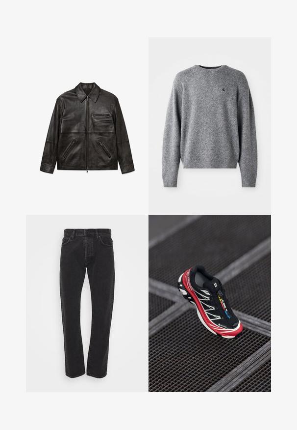 Jaqueta de couro preto com zíper frontal, gola clássica e três bolsos com zíper, exibida de forma plana sobre fundo branco.; Suéter cinza de malha com decote redondo, punhos e bainha canelados, e um pequeno logótipo no peito. Textura suave e ajuste descontraído.; Jeans de denim pretos para homem, corte reto, com botão frontal e fecho de correr, cinco bolsos e passadores de cinto, sobre um fundo branco liso.; Sapatilha atlética preta e vermelha com uma parte superior texturizada, detalhes refletivos e um rótulo GORE-TEX. Apresenta um design elegante e um sistema de atacadores integrado.