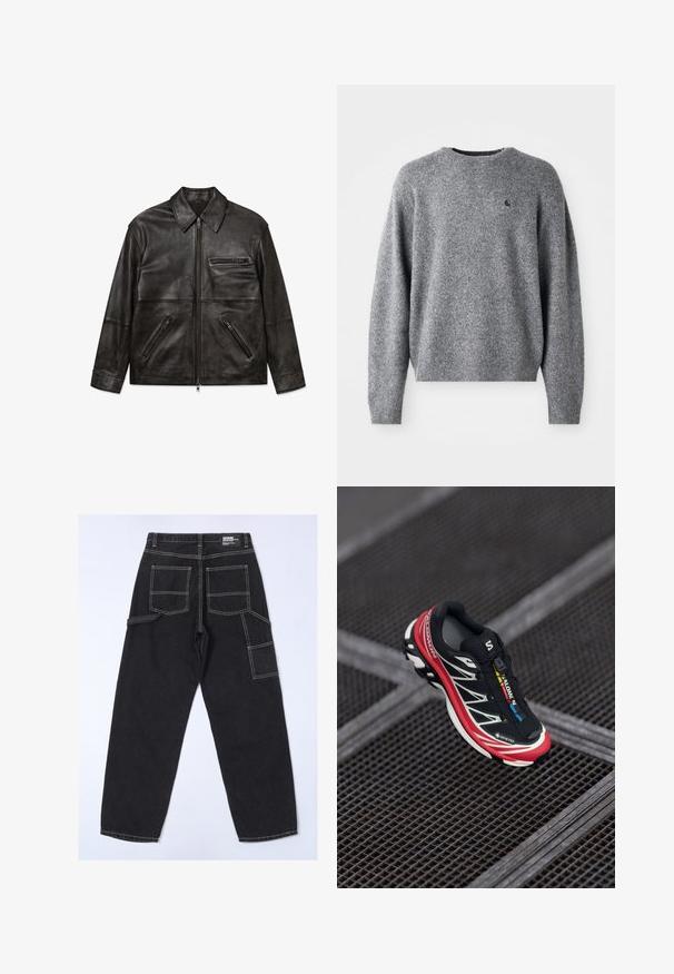 Sort læderjakke med frontlynlås, klassisk krave og tre lynlåslommer, vist fladt på hvid baggrund.; Grå strikket sweater med rund halsudskæring, ribbede manchetter og kant, samt et lille logo på brystet. Blød tekstur og afslappet pasform.; Sorte denimbukser med løs pasform, der har flere lommer, synlige syninger og et lige ben-design.; Sort og rød atletiksko med en tekstureret overdel, reflekterende detaljer og et GORE-TEX mærke. Har et slankt design og et integreret snøresystem.